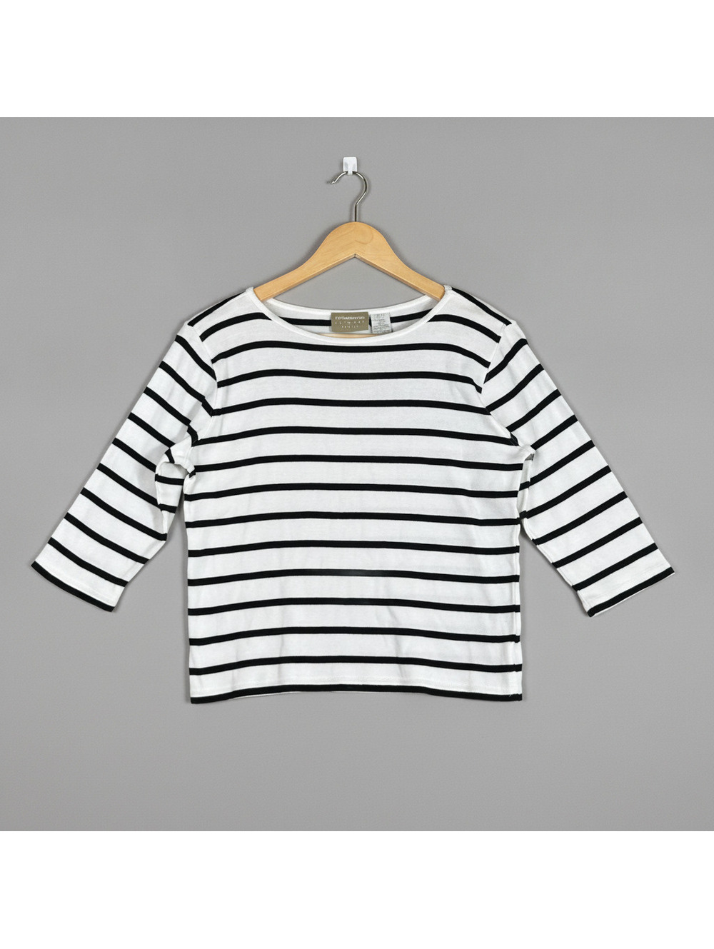 Liz Claiborne White Navy Striped Top Knit 3/4 Sleeve Cotton PS Nautical Casual